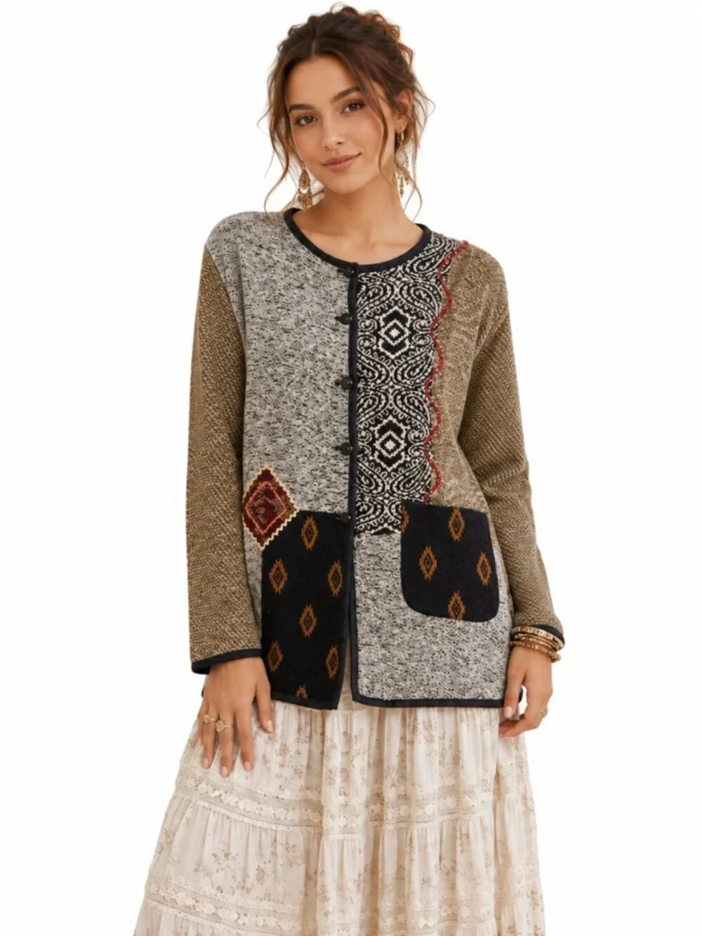 Vintage White‎ Stag Tapestry Jacket Embellished Boho Cottagecore Women XL